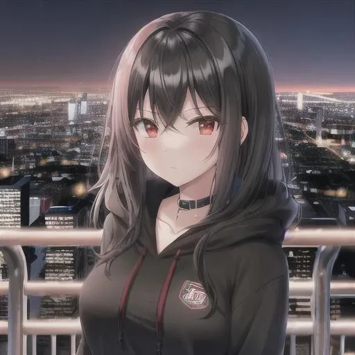 Prompt: Girl with black hair and red eyes in a cityscape at night wearing a black hoodie 