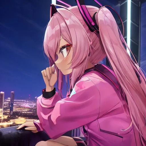 Prompt: Side view, young, anime girl, 12 years old, sitting on concrete block, cyberpunk, night, future city, pink headphones, pink jacket, gyaru, ganguro, dark skin, aesthetic, neon windows