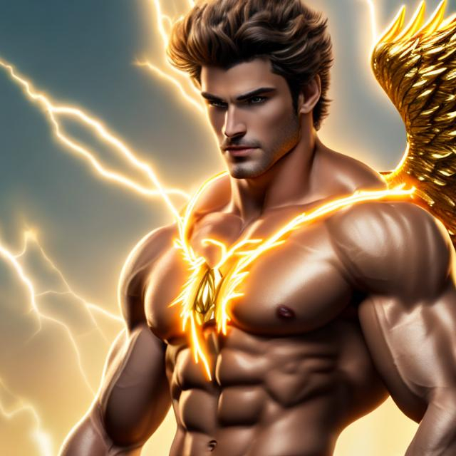 Prompt: hypermasculine  young handsome guy with white lightning hair, golden angel wings, and eyes of fire. Wearing a golden sash, hairy chest, very muscular, very detailed eyes large musculature, and holding golden lightning bolt. In clear and best quality, ((8k)), very detail photo, sharp focus