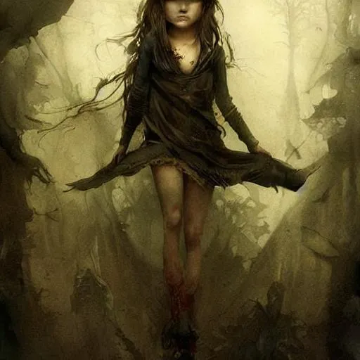 Prompt: beautiful kids vampire | esoteric symbolism | jean - baptiste monge, esao andrews, bastien lecouffe - deharme, tim jacobus, ken currie | ultra - detailed realism, soft cinematic lighting, hi - fructose, artstation, high - quality, ink watercolors wes anderson poster art