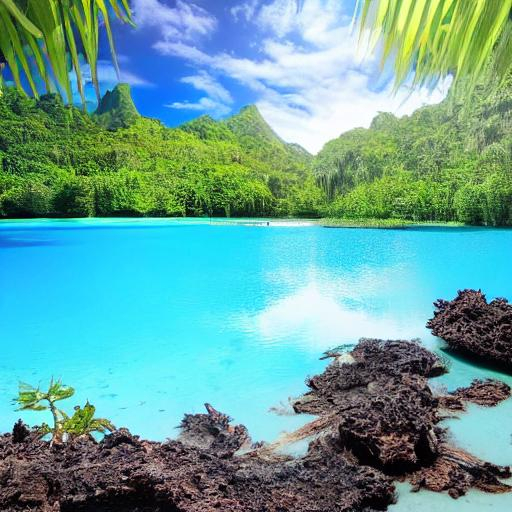 Prompt: A shallow blue clear lake in the middle of the day surrounded by tropical plants and white sand, matte painting, high contrast