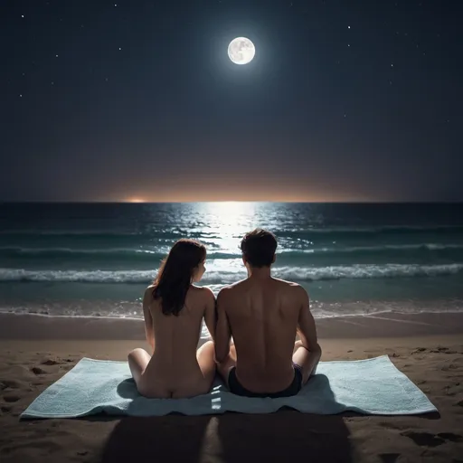 Prompt: At night, two lovers are sitting in the middle of the beach watching the sea. Fresh from the sea, they both share a towel. We see them from a distance, the only light around is the moonlight.