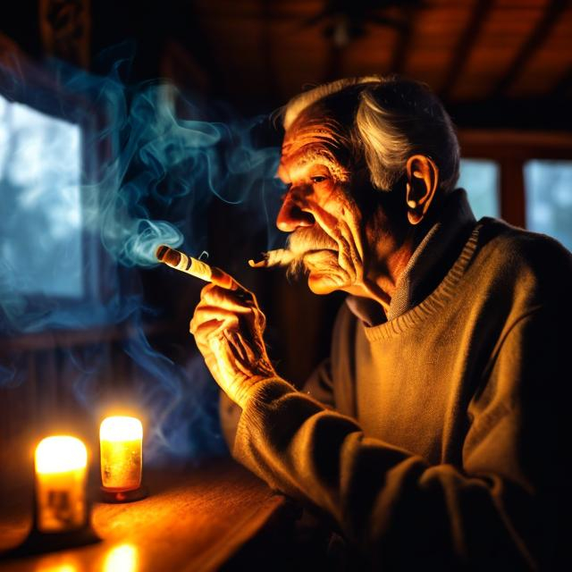 Prompt: Old man smoke  cigaret in cottage in candle light