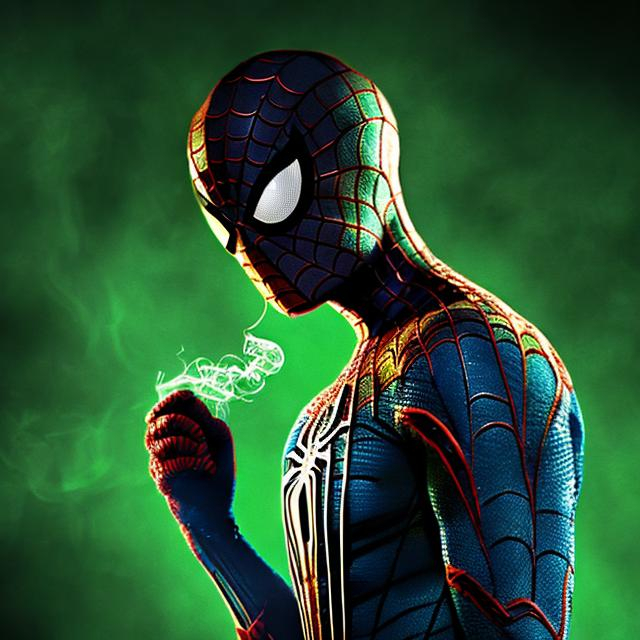 Prompt: a spider man smoking in the dark room.dark room has green lap
