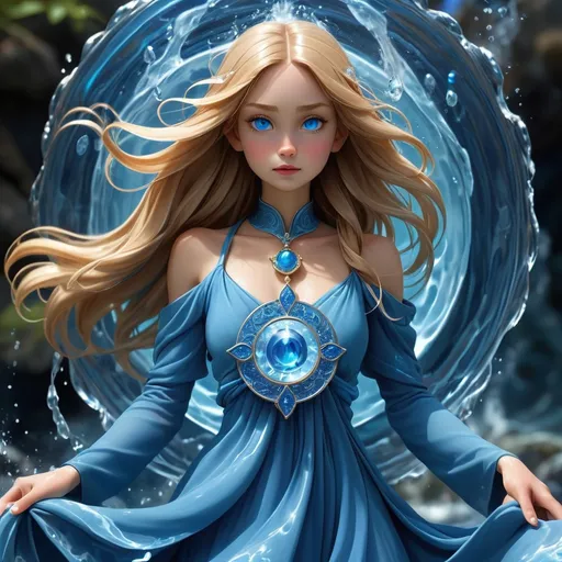 Prompt:  girl of water magic that's dressed in all blue with water power winding tightly around body followed by blue aura of blue magic surrounding whole body. Detail medallion blue jewel on dress 