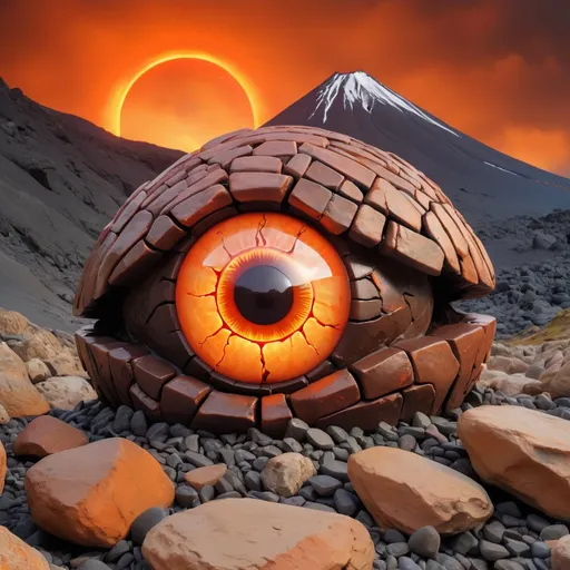 Prompt: Giant Eyeball monster made of brown and bronze rocks and covered in glowing orange demonic markings, best quality, masterpiece, background volcanic landscape