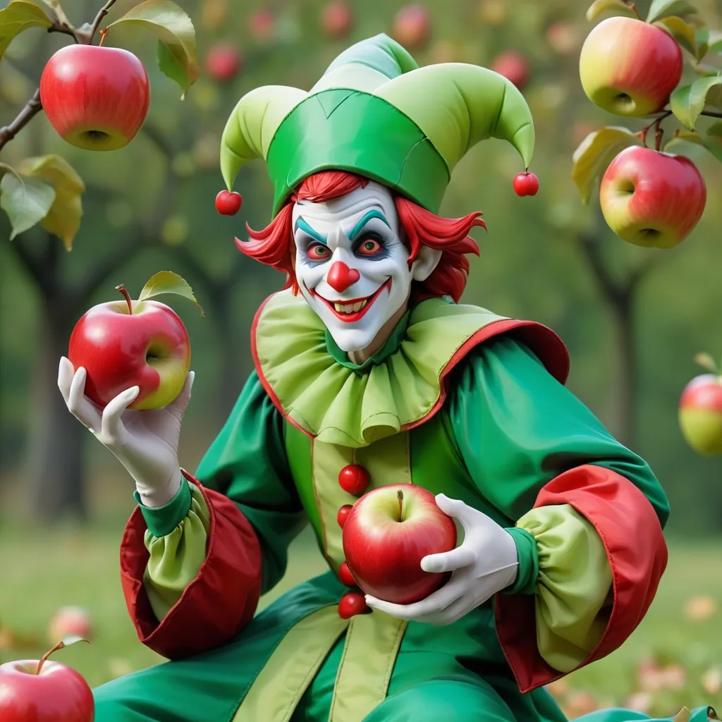 Prompt: Jester, costume colors are clear green and translucent red, apples, background giant apples, masterpiece, best quality