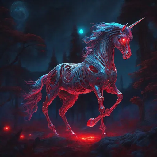 Prompt: A mythical bioluminescent skeleton of a unicorn that is glowing, evil, scary, creepy, terrifying, dripping red rainforest, huge blood moon, beneath the stars, highres, best quality, concept art