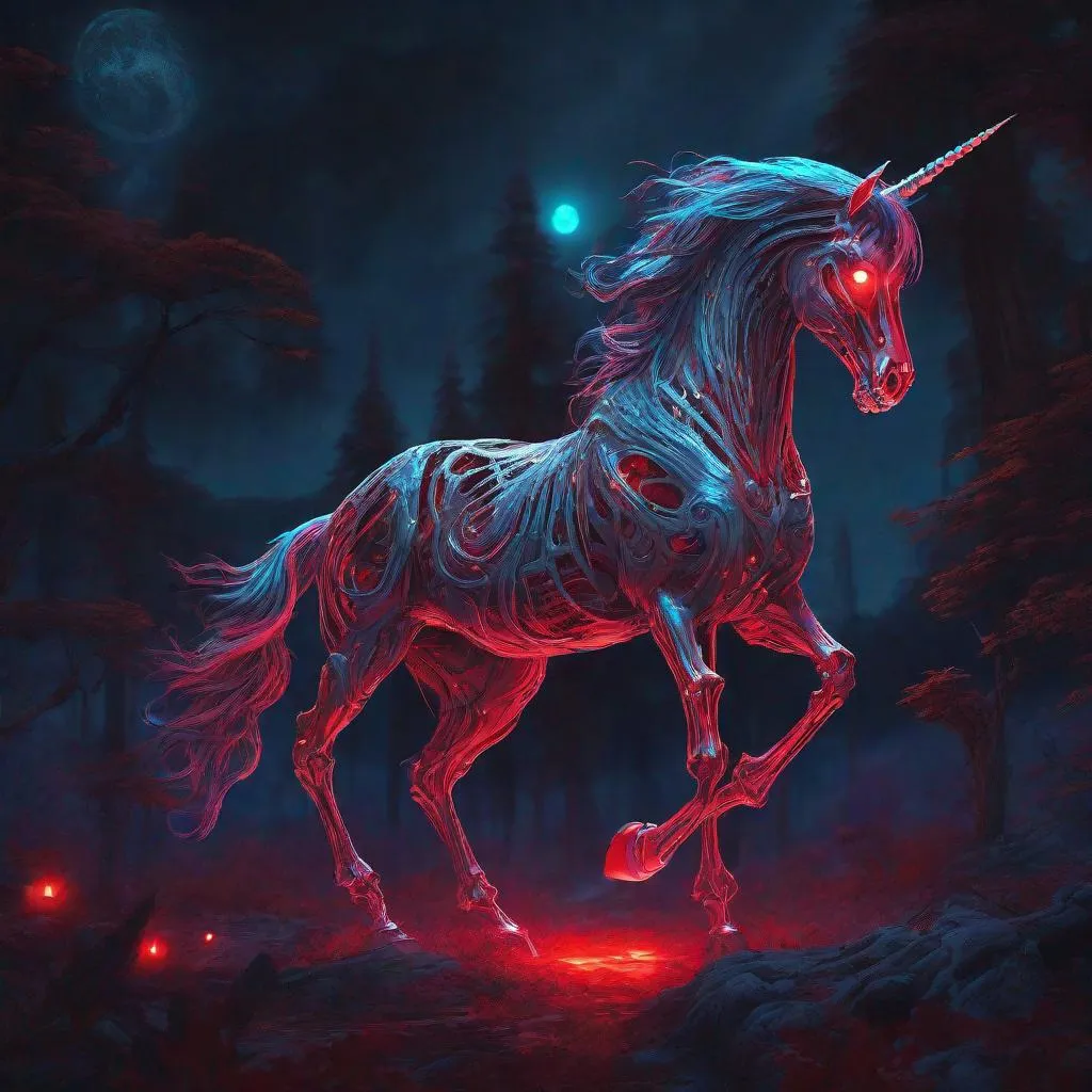 Prompt: A mythical bioluminescent skeleton of a unicorn that is glowing, evil, scary, creepy, terrifying, dripping red rainforest, huge blood moon, beneath the stars, highres, best quality, concept art