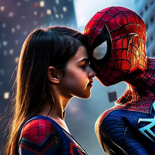 Prompt: a girl is  kissing with spider man
