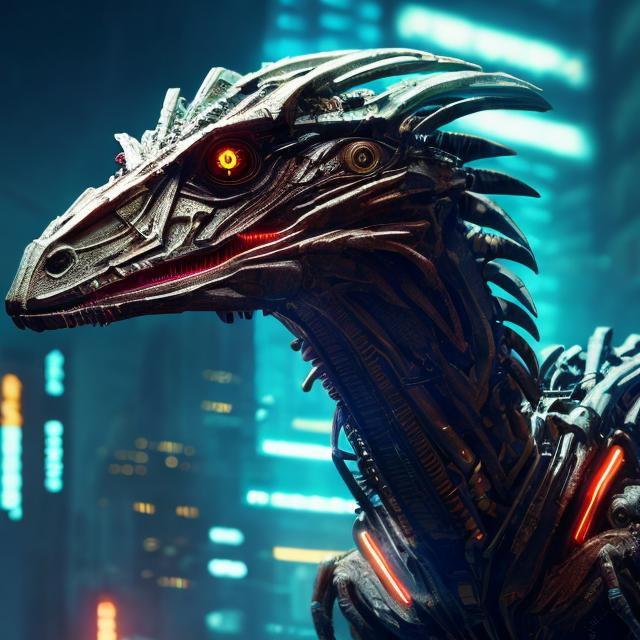 Prompt: cyberpunk velociraptor, symmetrical, perfect composition, super detailed, 8k, high quality, trending art, trending on artstation, sharp focus, studio photo, intricate details, highly detailed