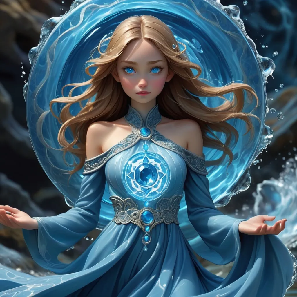 Prompt:  girl of water magic that's dressed in all blue with water power winding tightly around body followed by blue aura of blue magic surrounding whole body. Detail medallion blue jewel on dress 