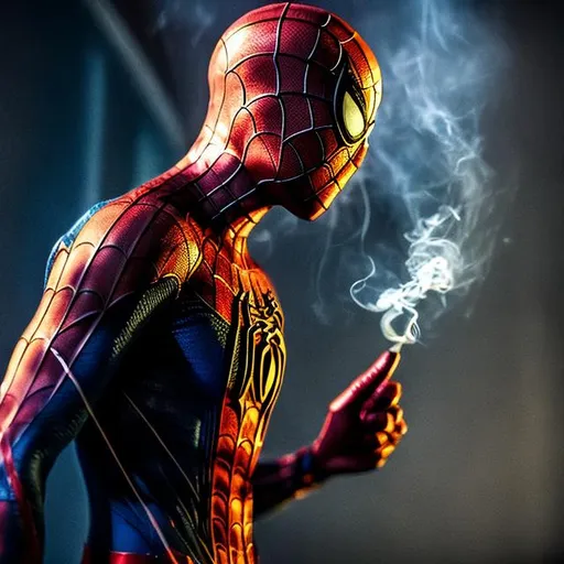 Prompt: a spider man smoking in the dark room with  flash
