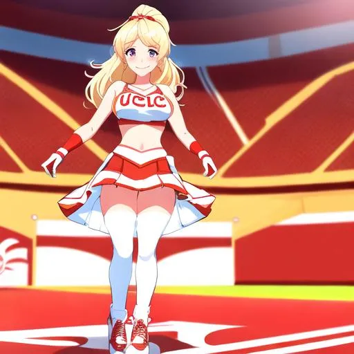 Prompt: gorgeous beautiful american USC university cheerleader song girl in white and red and gold USC cheerleader small uniform, white cheerleader skirt, full body shot, slender toned thighs, beautiful face, nice sweet smile, pretty white teeth, shoulder length hair, in a football stadium standing looking into camera, saturated colors, high quality, high resolution, hyper detailed, super detailed, render, CGI winning award, hyper realistic, ultra realistic, UHD, HDR, 64K, RPG, UHD render, HDR render  big b o o b s
