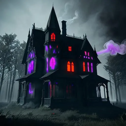 Prompt: Gothic house with colourful smoke, in a haunted wood, Unreal Engine 