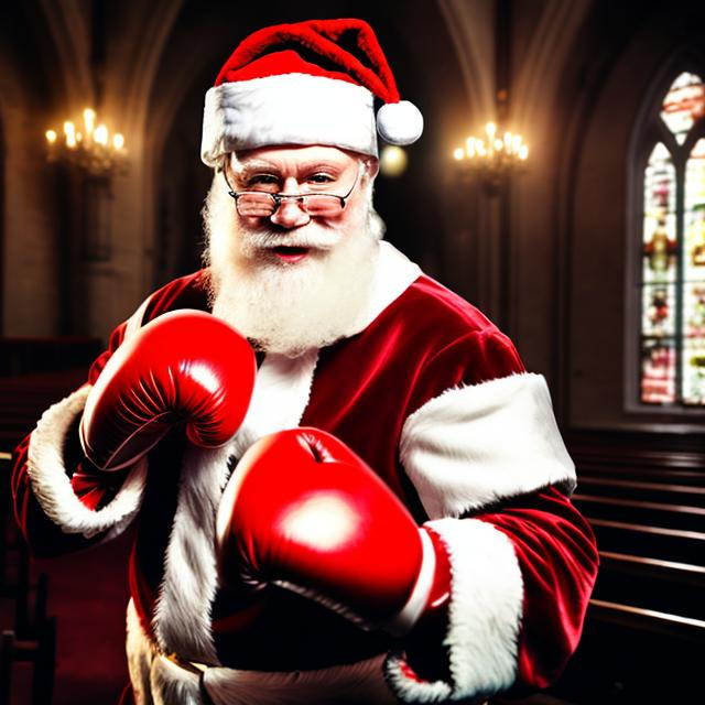 Prompt: Santa Claus wearing boxing gloves in an old church