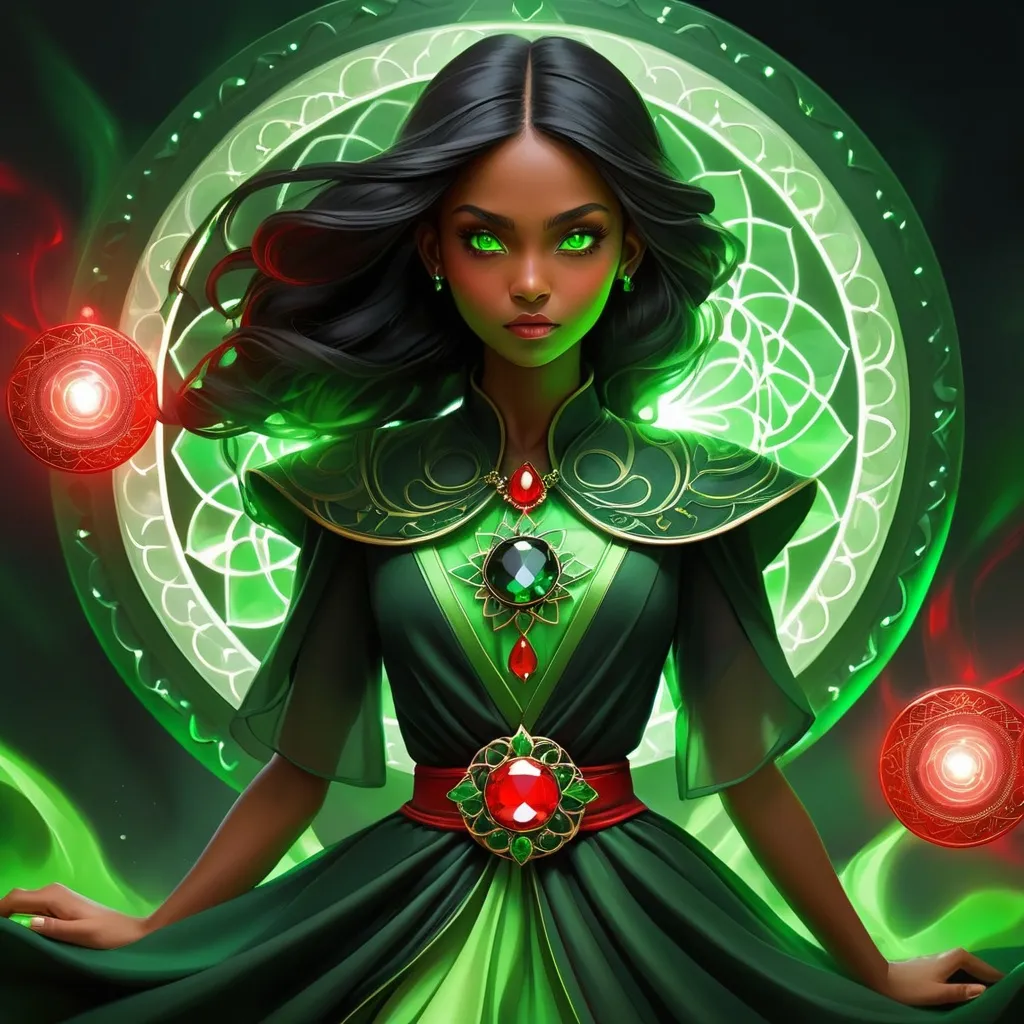 Prompt: Girl of green magic dressed in green. Charges of red and black energy disburst from green aura that surrounds her. Detail medallian red  jewel on dress