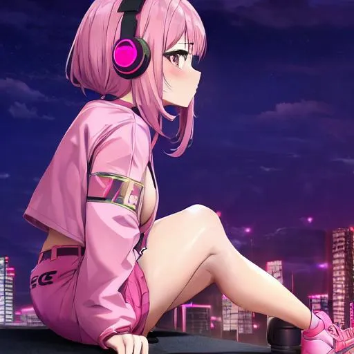 Prompt: Side view, young, anime girl, 12 years old, sitting on concrete block, cyberpunk, night, future city, pink headphones, pink jacket, gyaru, ganguro, dark skin, aesthetic, neon windows the girls wearing only small shirt boobsl sexyh