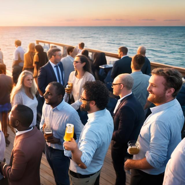 Prompt: A racially diverse (white, black and south asian) group of offshore wind professionals networking outside with beer and wine at the edge of the sea with offshore wind turbines in the background at sunset