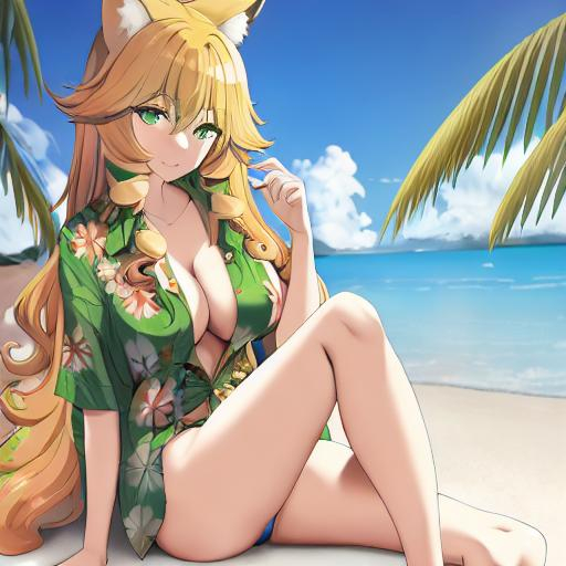 Prompt: a green eyed fox girl with long curly blonde hair wearing a Hawaiian shirt with her tail under her shirt sitting on a beach in the islands