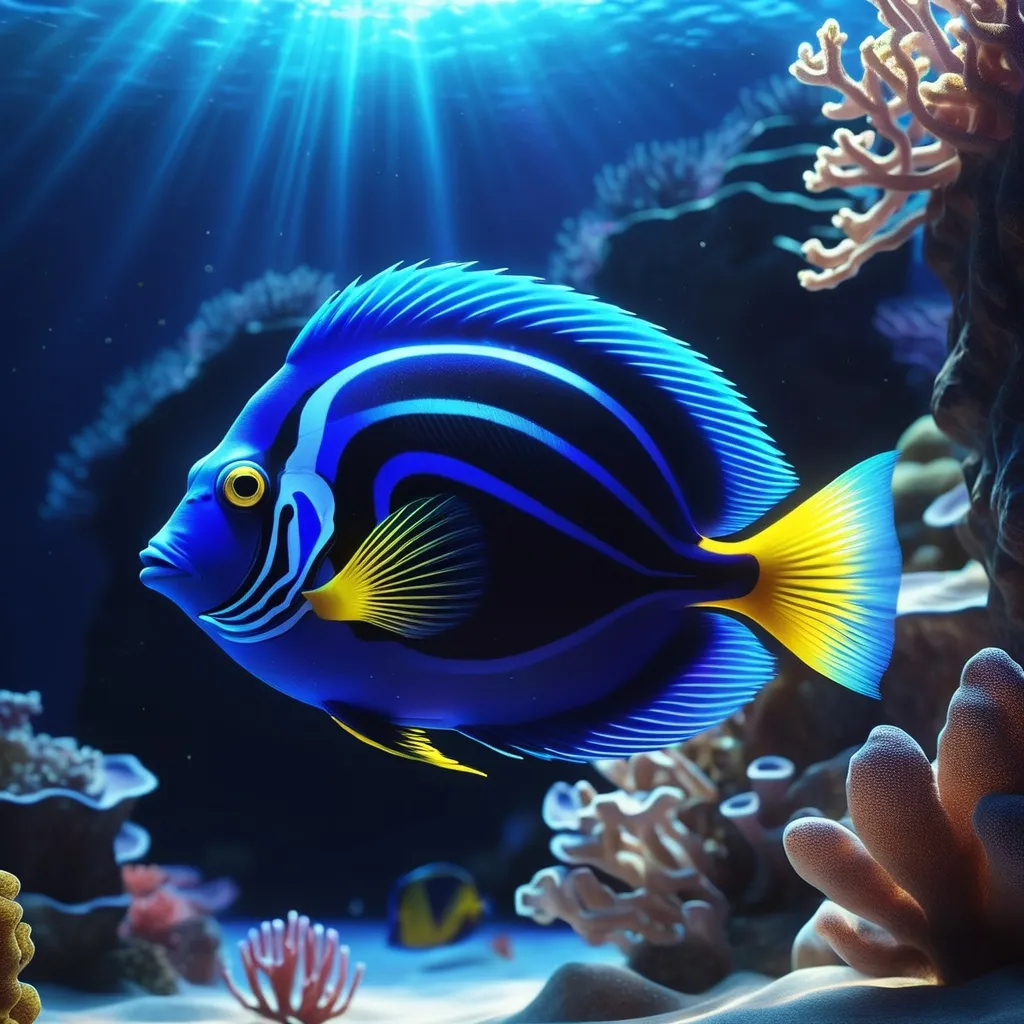 Prompt: Glowing Blue Tang fish with a stunning ocean background.  Bright lighting. 3D render. Neon colors, highres