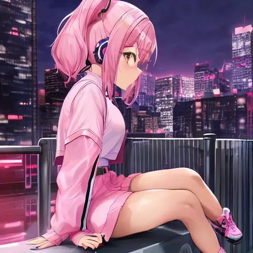 Prompt: Side view, young, anime girl, 12 years old, sitting on concrete block, cyberpunk, night, future city, pink headphones, pink jacket, gyaru, ganguro, dark skin, aesthetic, neon windows the girls wearing only small shirt boobsl sexyh