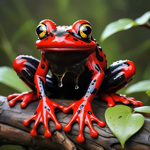 Prompt: red and black frog covered in splotchy markings, sitting on a branch dripping with venom, Masterpiece, Best Quality