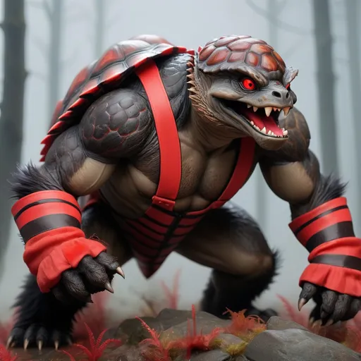 Prompt: Werewolf with black and red fur with light red stripes and a brown turtle bombshell, in mist and fog, Masterpiece, Best Quality