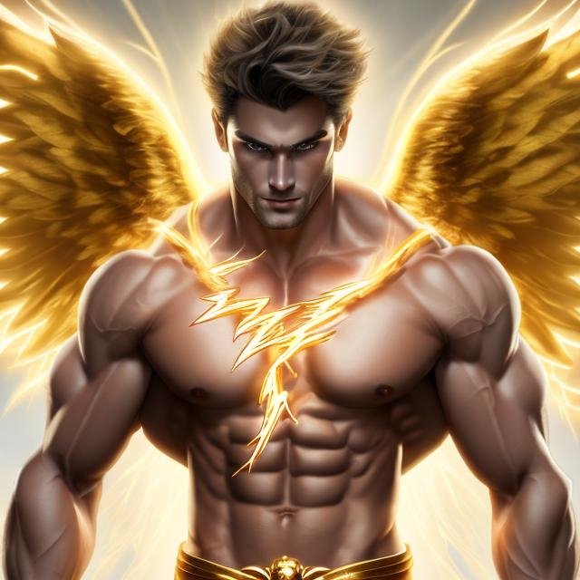 Prompt: hypermasculine  young handsome guy with white lightning hair, golden angel wings, and eyes of fire. Wearing a golden sash, hairy chest, very muscular, very detailed eyes large musculature, and holding golden lightning bolt. In clear and best quality, ((8k)), very detail photo, sharp focus