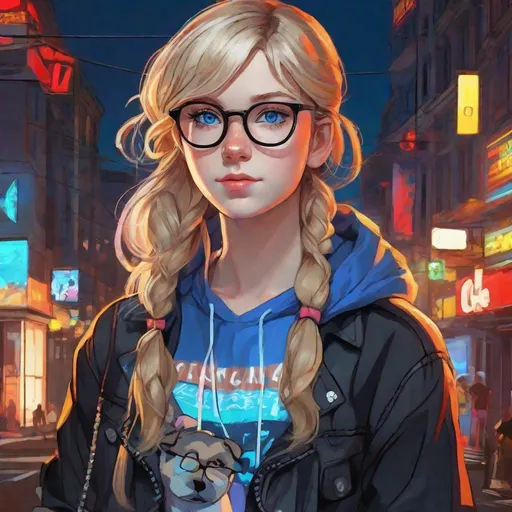 Prompt: 13 years old Russian-American girl, pale skin, freckles, wavy blonde hair, pigtails, icy blue eyes, glasses, black shirt and blue jean shorts, night, street, neon lights, gameplay, Persona 5 style, cel shaded style, intricate, detailed face, by Greg Rutkowski.