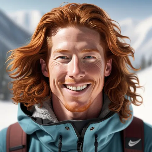 Prompt: Realistic portrait of Shaun White, long ginger hair, professional snowboarder, detailed facial features, natural lighting, high quality, detailed hair, smiling