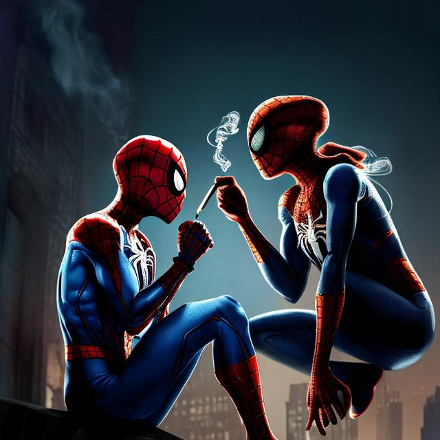 Prompt: a spider man smoking in the dark room with his girl frend
