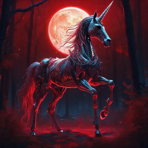 Prompt: A mythical bioluminescent skeleton of a unicorn that is glowing, evil, scary, creepy, terrifying, dripping red rainforest, huge blood moon, beneath the stars, highres, best quality, concept art