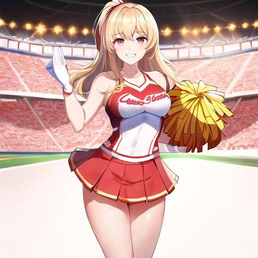 Prompt: gorgeous beautiful american USC university cheerleader song girl in white and red and gold USC cheerleader small uniform, white cheerleader skirt, full body shot, slender toned thighs, beautiful face, nice sweet smile, pretty white teeth, shoulder length hair, in a football stadium standing looking into camera, saturated colors, high quality, high resolution, hyper detailed, super detailed, render, CGI winning award, hyper realistic, ultra realistic, UHD, HDR, 64K, RPG, UHD render, HDR render
