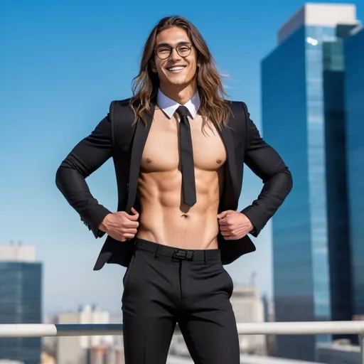 Prompt: a photo of an attractive long-haired 20-years old man with rock hard abs and eyeglasses wearing a crop top black long sleeve suit and tie with a bare nave, an exposed belly button, and black suit pants, full body shown, standing, smiling, outside blue sky background, city scenery, buildings 