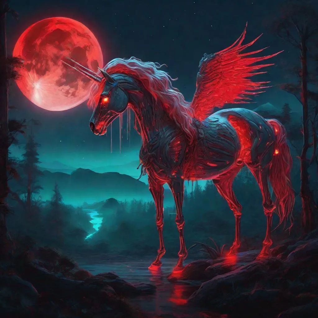 Prompt: A mythical bioluminescent skeleton of a unicorn that is glowing, evil, scary, creepy, terrifying, dripping red rainforest, huge blood moon, beneath the stars, highres, best quality, concept art