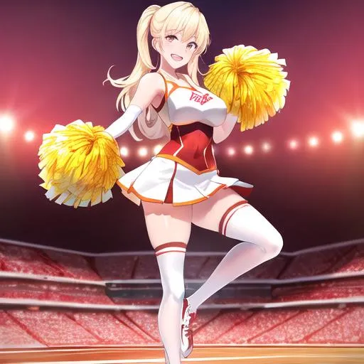 Prompt: gorgeous beautiful american USC university cheerleader song girl in white and red and gold USC cheerleader small uniform, white cheerleader skirt, full body shot, slender toned thighs, beautiful face, nice sweet smile, pretty white teeth, shoulder length hair, in a football stadium standing looking into camera, saturated colors, high quality, high resolution, hyper detailed, super detailed, render, CGI winning award, hyper realistic, ultra realistic, UHD, HDR, 64K, RPG, UHD render, HDR render  big b o o b s show hot 
