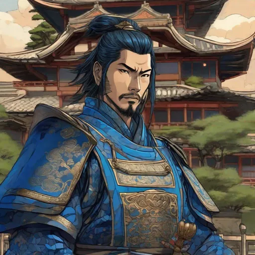 Prompt: A Japanese samurai man in blue samurai armor. Well draw face. Detailed. In background a japanese castle. Studio Mappa art, studio trigger art. anime art. 2d. 2d art. 