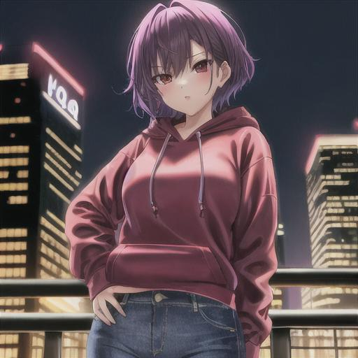 Prompt: Girl with purple short hair with red eyes in the cityscape at night warning a red hoodie with jeans with flashing lights 