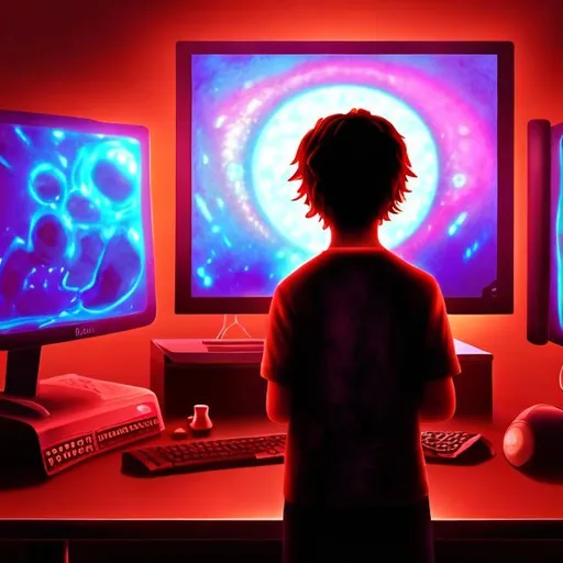 Prompt: weird preteen boy standing in front of a desktop computer hypnotized by the screen, young boy's back is to the camera, dark room, bright computer screen, the boy is entranced on the computer, weird and eerie setting, warm colors, red, black