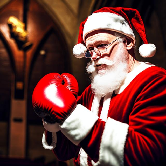 Prompt: Santa Claus wearing boxing gloves in an old church