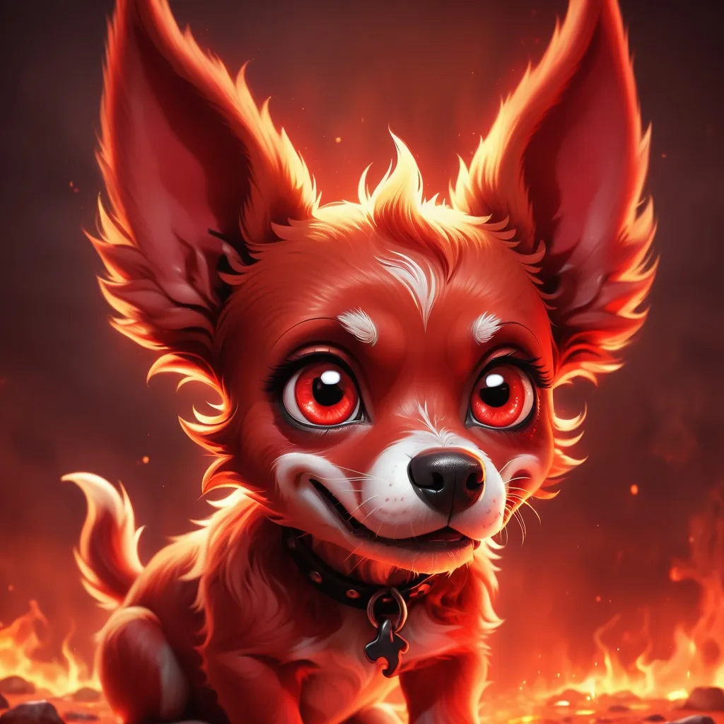 Prompt: A red dog of hell. cute style. Bright lighting.  Hell hound. Hell setting. Black eyes, highres