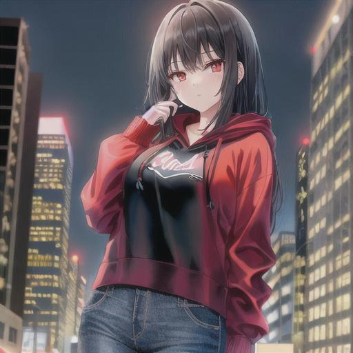 Prompt: Girl with black hair and red eyes in a cityscape at night wearing a black hoodie and jeans moon in the background 