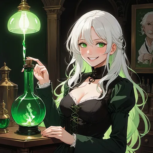Prompt: a anime girl with green eyes, white hair, holding poisonous lab bottle in her hand, green palette, black clothes, a lamp in the background with a light on, Évariste Vital Luminais, remodernism, official art, a detailed painting, 2d art, evil laugh