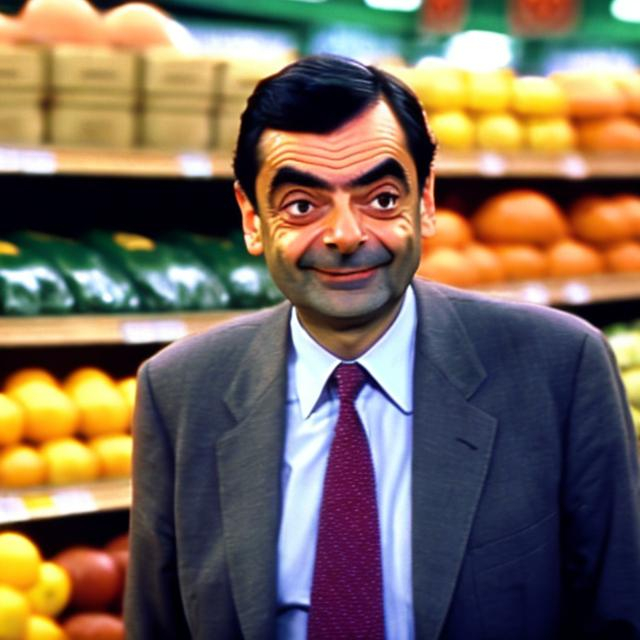 Prompt: Mr.Bean at a Whole Foods stealing 