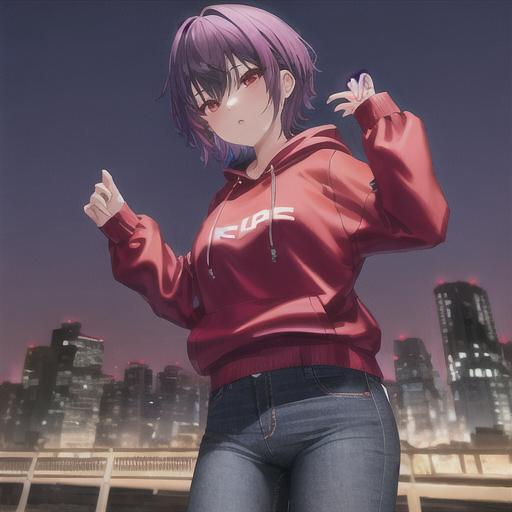 Prompt: Girl with purple short hair with red eyes in the cityscape at night warning a red hoodie with jeans with flashing lights 