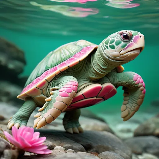 Prompt: Bitterling Turtle in sea green pink and white this creature is bitter at life, masterpiece, best quality, background river
