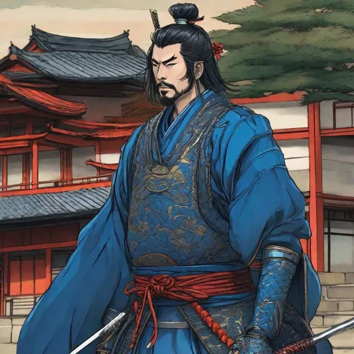 Prompt: A Japanese samurai man in blue samurai armor. Well draw face. Detailed. In background a japanese castle. Studio Mappa art, studio trigger art. anime art. 2d. 2d art. 