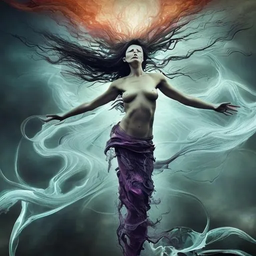 Prompt: spiritual intentions impeded by mental limitations. flowing from smooth balance to chaotic upheaval. Embracing existence for all of its nuances. (stunning woman, realistic, symbol for vitality)