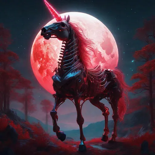 Prompt: A mythical bioluminescent skeleton of a unicorn that is glowing, evil, scary, creepy, terrifying, dripping red rainforest, huge blood moon, beneath the stars, highres, best quality, concept art